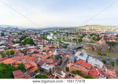 Tbilisi city panorama. Old city, new Summer Rike park, river Kura, the European Square and the Bridge of Peace
