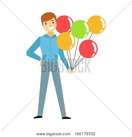 Guy Holding Bunch Of Colorful Balloons, Part Of Funny Drunk People Having Fun At The Party Series. Simple Flat Cartoon Character Smiling And Having Good Time Vector Illustration.