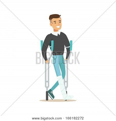 Man With The Cast Walking With Crouches Smiling, Hospital And Healthcare Illustration. Scene In Public Medical Institution Flat Vector Illustration With Cartoon Characters.