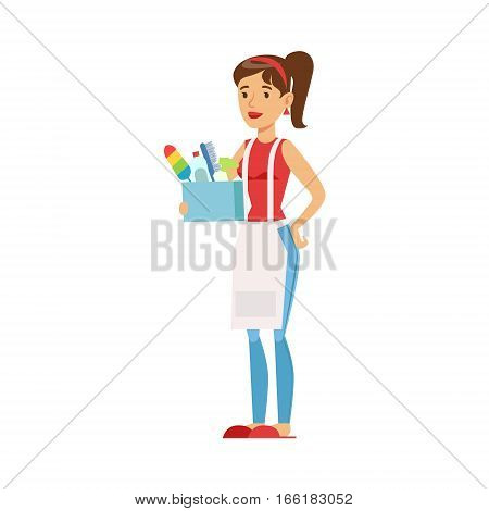 Woman Housewife Holding Box Of Domestic Chemistry And Inventory, Classic Household Duty Of Staying-at-home Wife Illustration. Smiling Female Character And Her Domestic Affairs Vector Drawing.