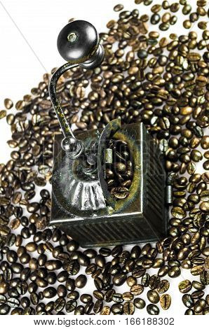 Close up of golden roasted coffee beans isolated on white background and an old coffee grinder
