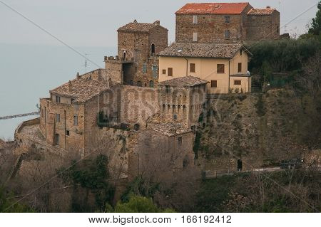 Panoramic view of Grottammare medieval village in the marche region with adriatic sea in the background