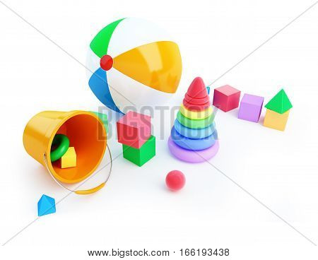 Toys alphabet cube beach ball pyramid 3D illustration on a white background