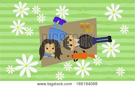Romantic card with couple on a picknick and a fox an a grass background with daisies.
