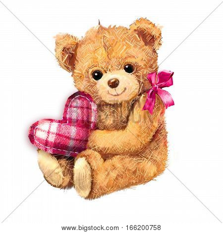 Teddy bear with heart isolated on white background. Hand drawn Teddy bear toy sitting with heart. Valentine's Day card with cute Bear and textile heart. Love design. Love background.