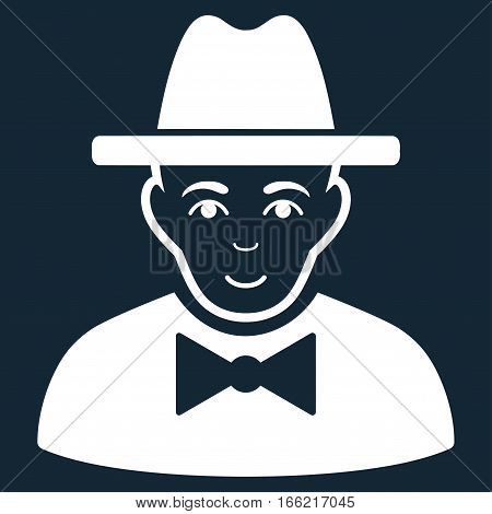 Spy vector icon. Flat white symbol. Pictogram is isolated on a dark blue background. Designed for web and software interfaces.