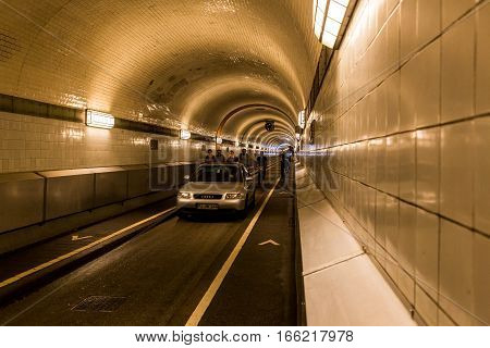 View Of The Entrance Portal And The Tunnel Called Elbtunnel At The Landungsbrucken In Hamburg