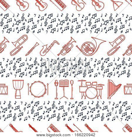 Musical instruments seamless pattern. Vector classic element illustration. Saxophone cello horn guitar piano harp and others silhouette collection. Modern line style.