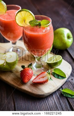 Fresh Organic Smoothie With Apple, Strawberry And Lime