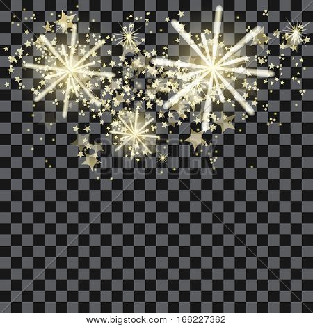 Magical cartoon stars fireworks vector stardust on a transparent background. Festive backdrop.