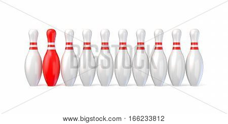 White bowling pins lined and red one. 3D render illustration isolated on white background