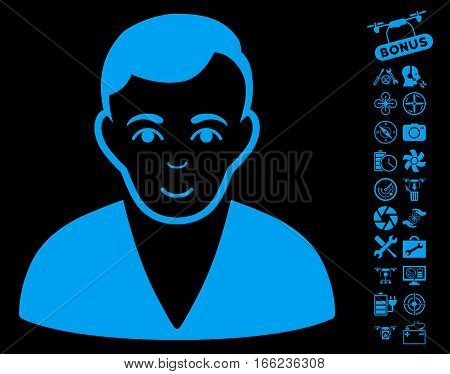 Man icon with bonus drone service icon set. Vector illustration style is flat iconic blue symbols on black background.
