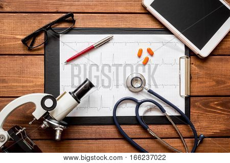 doctor workplace at wooden table with microscope in lab top view no one