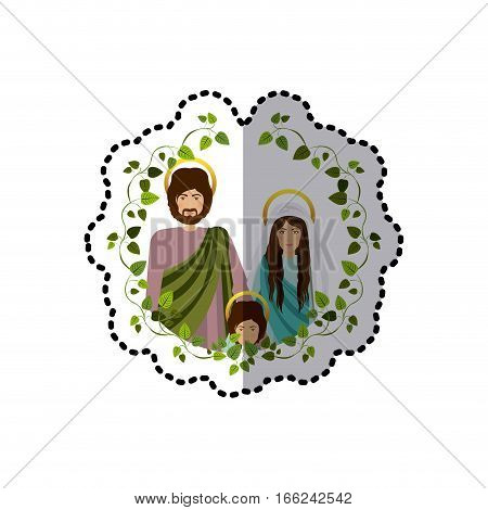 sticker ornament of green leaves with picture of sacred family vector illustration