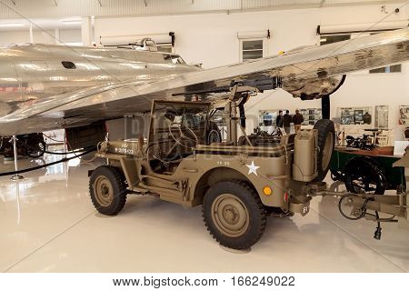 Santa Ana CA USA - January 21 2017: Army Green 1942 Ford GPW Military Jeep displayed at the Lyon Air Museum in El Santa Ana California United States. It was used during World War II. Editorial use only.
