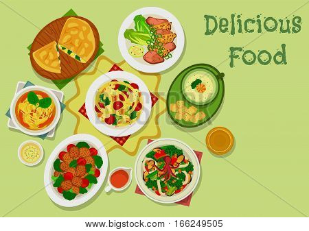 Broccoli dishes icon of seafood vegetable salad, cheese egg pie, pasta with bacon and broccoli, beef with potato pancake, broccoli soup with shrimp, beef meatball, potato casserole with cheese, cream