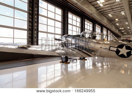 Santa Ana CA USA - January 21 2017: North American AT-6 SNJ-6 displayed at the Lyon Air Museum in Santa Ana California United States. It was used during World War II. Editorial use only.