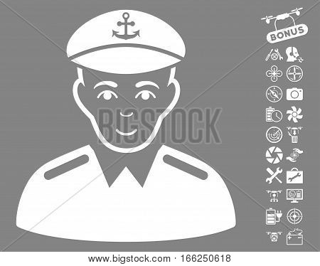 Captain pictograph with bonus copter service pictograms. Vector illustration style is flat iconic white symbols on gray background.