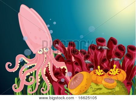 En innehåll bläckfisk klockor fisk simma av