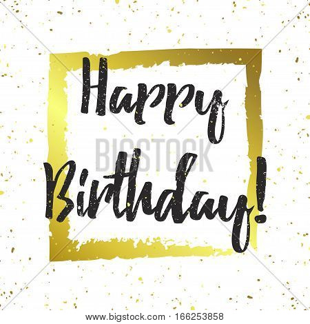 Vector happy birthday greeting card with golden splashes, sparkles and text on white. Stylish gold holiday design for banner, poster, template