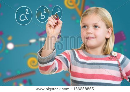 education, school and imaginary screen concept - cute little girl drawing in the air or imaginary screen