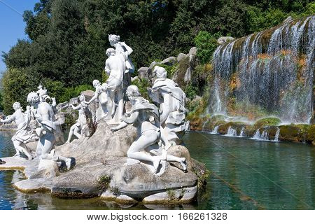 Caserta Italy - March 9, 2008: The marble group of a fountain in the park of the Royal Palace