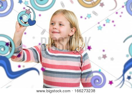 education, school and imaginary screen concept - cute little girl drawing in the air or imaginary screen
