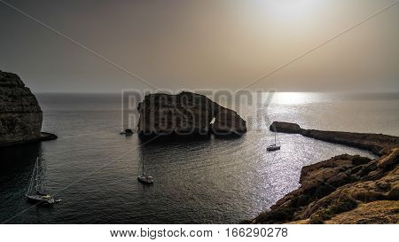 Panorama view to Dwejra bay and Mushroom aka Fungus rock Gozo Malta
