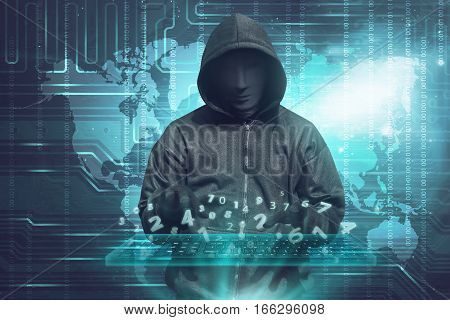 Hacker In Mask Typing Keyboard Hacking Binary Data