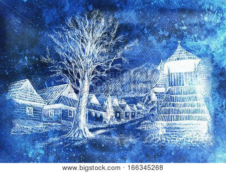 vintage mountain oldtime willage with wooden houses and belfry, pencil drawing on papier, frozen and invert effect