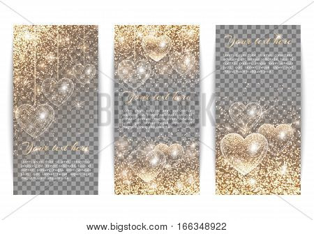 A set of vertical banners to celebrate Valentine's Day. Bling background with brilliant light. Glitter gold on a transparent backdrop.