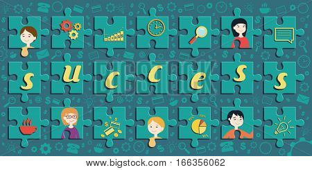 Flat design vector illustration of jigsaw puzzle with portrait of office workers business icons text 