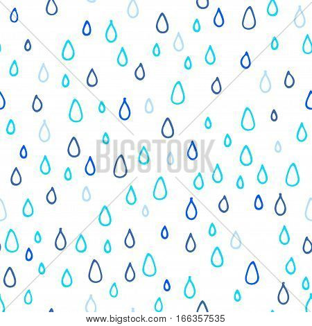 Vector seamless artistic pattern of raindrops. Colored different shades of blue abstarct doodle drops. Simple hand drawn objects. Use for wrapping paper wallpaper print banner flyer design.