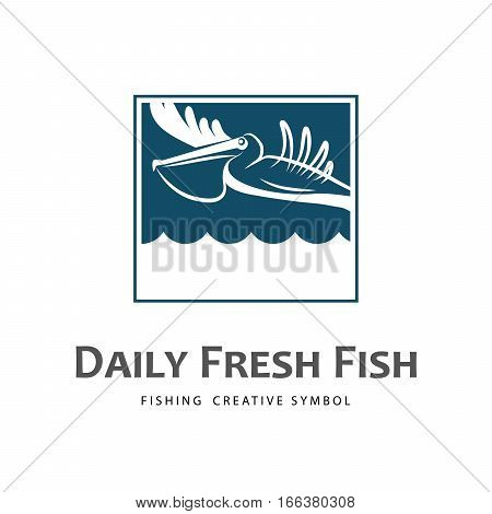 Logo template with fish delivering pelican. Fishing industry idea.