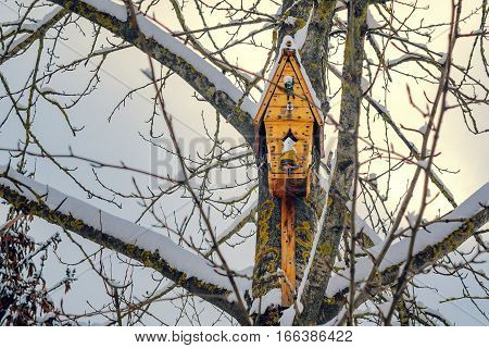 Modern Birdhouse on snowy park tree. Caring for wildlife concept