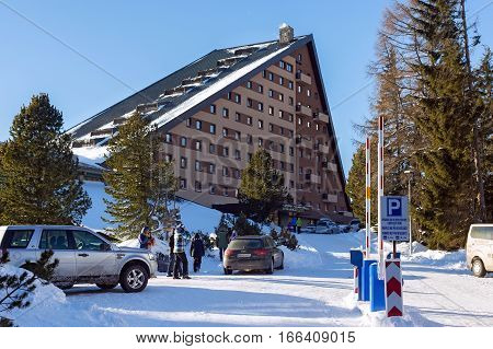 SLOVAKIA STRBSKE PLESO - JANUARY 05 2015: Hotel Patria in Strbske Pleso. The village is a favorite ski tourist and health resort in the slovakian part of High Tatras mountains.