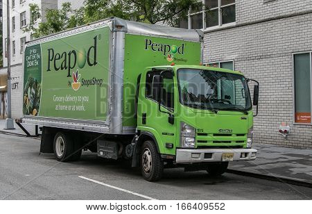 New York, August 6, 2016: A Peapod truck parked in the street in Manhattan.