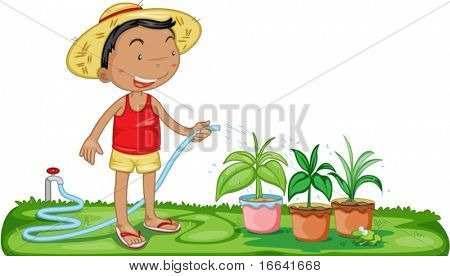 Ilustración de un muchacho que regar las plantas sobre fondo blanco