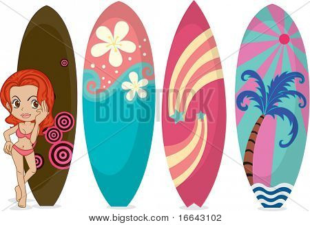 Ilustração de uma garota com almofadas de surf no fundo branco