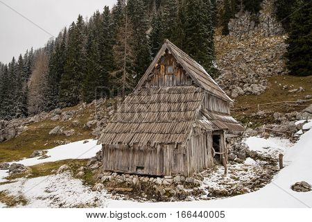 Idyllic traditional wooden herdsmen cottage on alpine meadow