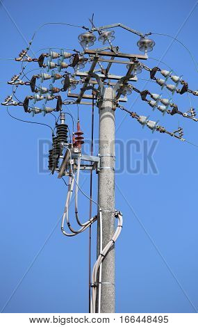 Switches Of An Overhead Power Line With  Concrete Pole And Elect