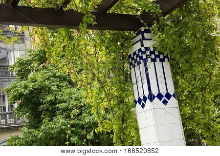 Photo of a collumn with green leaves, pottery and sunlight