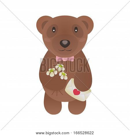 Valentine bear with flowers and lovely letter isolated on white background. Vector Illustration
