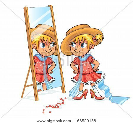 Girl looks in the mirror. Little girl in mother's shoes and hat. Fashion kids. Children in adult clothing. Funny cartoon character. Vector illustration. Isolated on white background. Freehand drawing