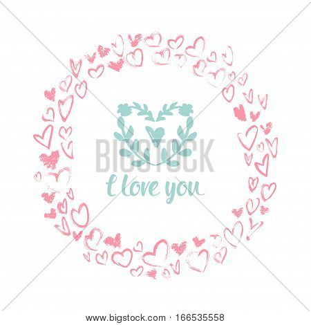 Vector illustration of Valentines Day. Drawn by hand and heart wreath of leaves. Pink and green colors.