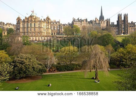 EDINBURGH, SCOTLAND - MAY 8, 2016: View of Princes Street Gardens with spring colors (The Assembly Hall in background)