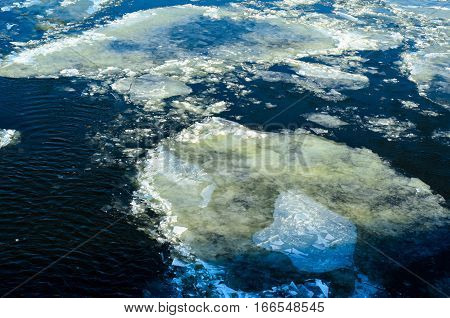 Drifting ice floes on a river Dnieper in Kremenchug Ukraine
