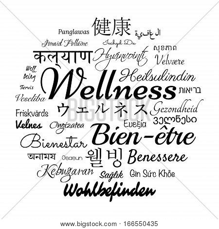 Wellness concept, word translated to different languages of the world