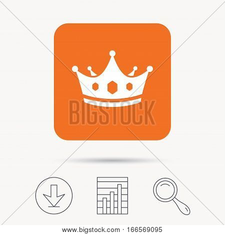 Crown icon. Royal throne leader symbol. Report chart, download and magnifier search signs. Orange square button with web icon. Vector