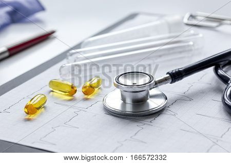 doctor desktop with test tubes in lab no one.